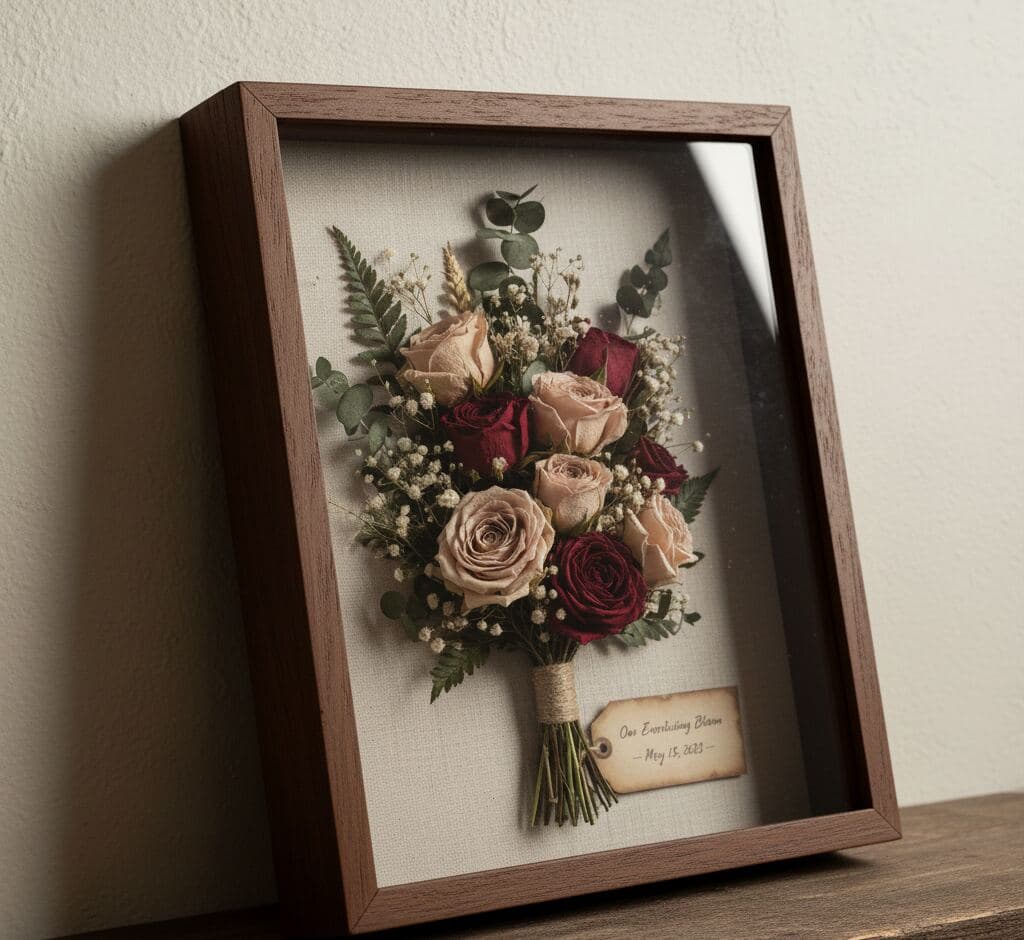 Wedding bouquet preservation shadowbox in rich walnut frame with dried roses and eucalyptus