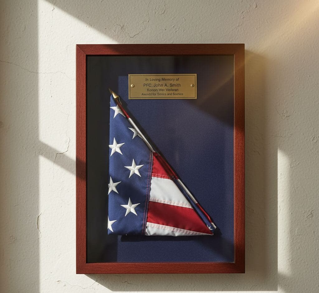 Memorial flag case shadowbox picture frame in walnut with engraved tribute plaque