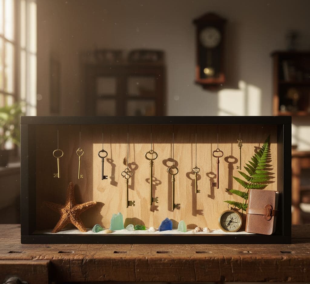 Vintage key collection shadowbox in rustic walnut frame with starfish compass and sea glass