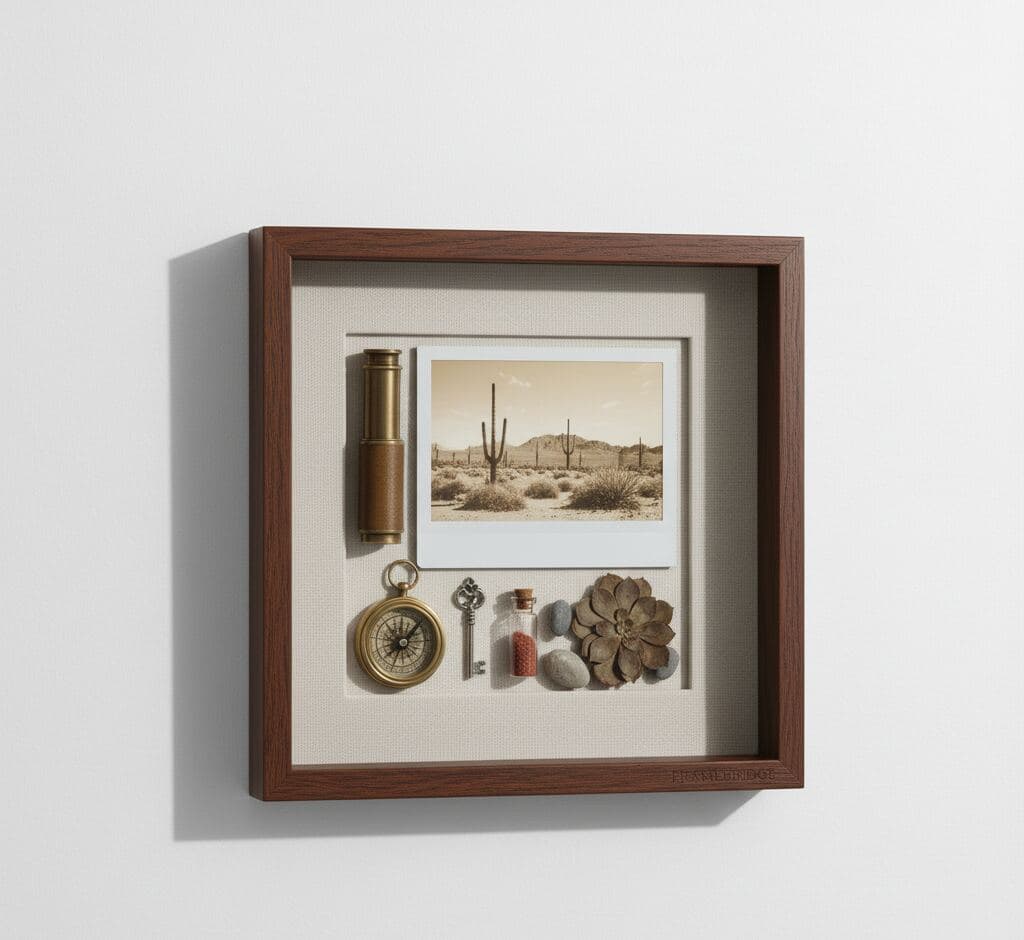 Desert travel memory shadowbox frame in espresso walnut featuring photo compass and succulents
