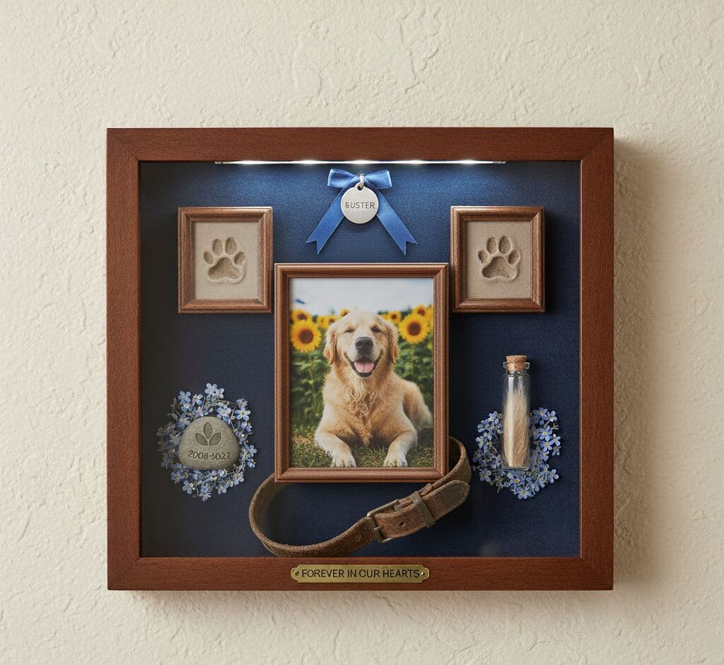 Golden retriever memorial shadowbox picture frame in rich walnut with paw prints collar and flowers