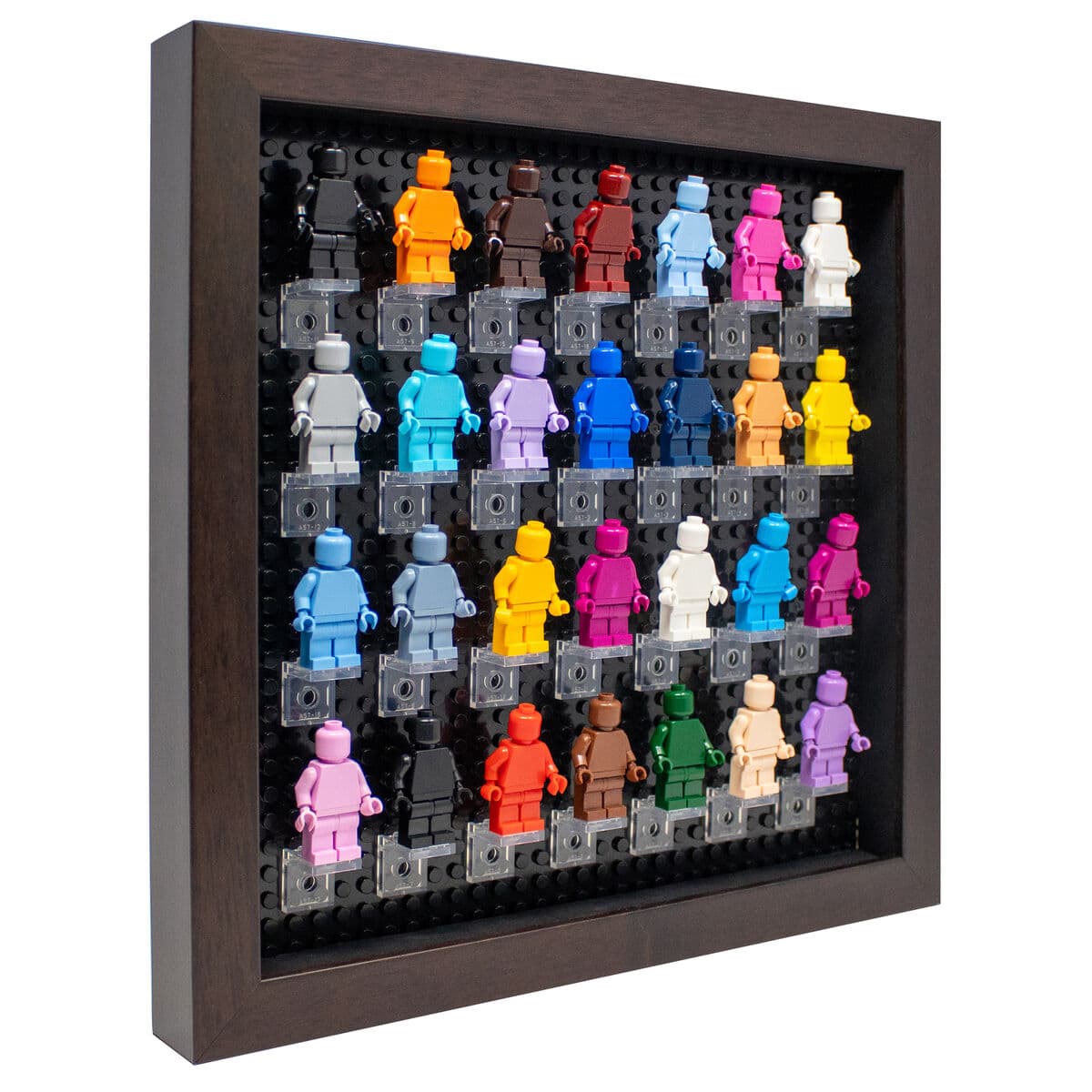LEGO minifigure shadowbox display frame in walnut finish showcasing colorful character collection