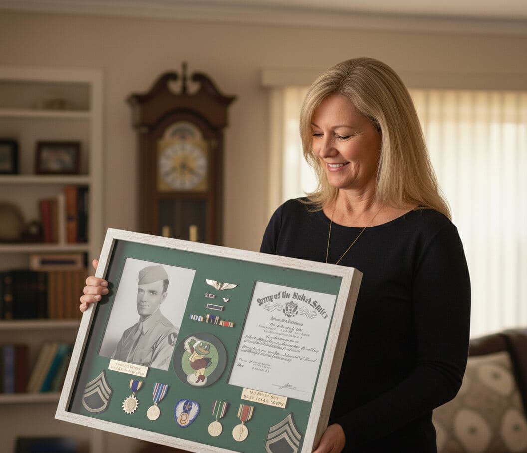 Whitewash shadowbox picture frame displaying dimensional memorabilia demonstrating traditional shadow box framing for 3D displays using coastal white wood styling