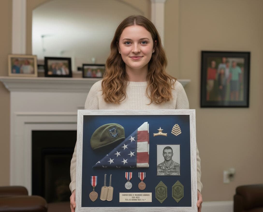 Coastal whitewash military memorial shadowbox picture frame with navy blue backing displaying folded American flag military portrait service medals dog tags rank insignia uniform patches and memorial plaque demonstrating professional veteran tribute shadowbox framing for military honor displays and fallen soldier remembrance using white wood finish