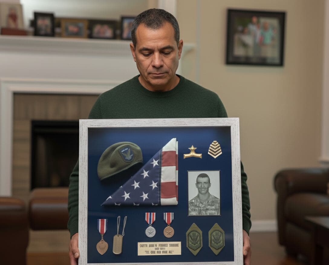 Whitewash shadowbox picture frame displaying dimensional collection demonstrating professional memorabilia framing for heritage displays using coastal white wood styling