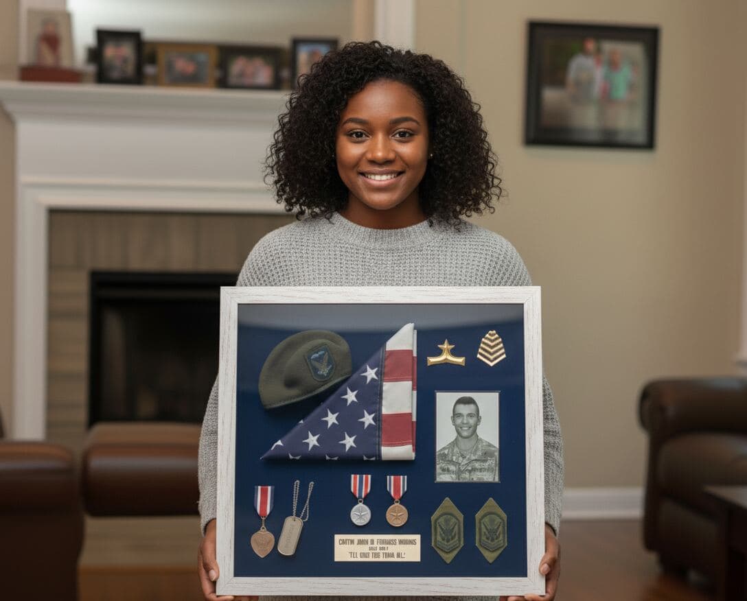 Coastal whitewash shadowbox frame displaying preserved memorabilia demonstrating traditional shadow box framing for sentimental object displays using shabby chic white finish