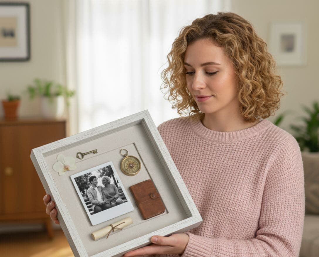 Whitewash shadowbox frame displaying keepsake collection demonstrating traditional memorabilia framing for treasured displays using coastal white wood styling