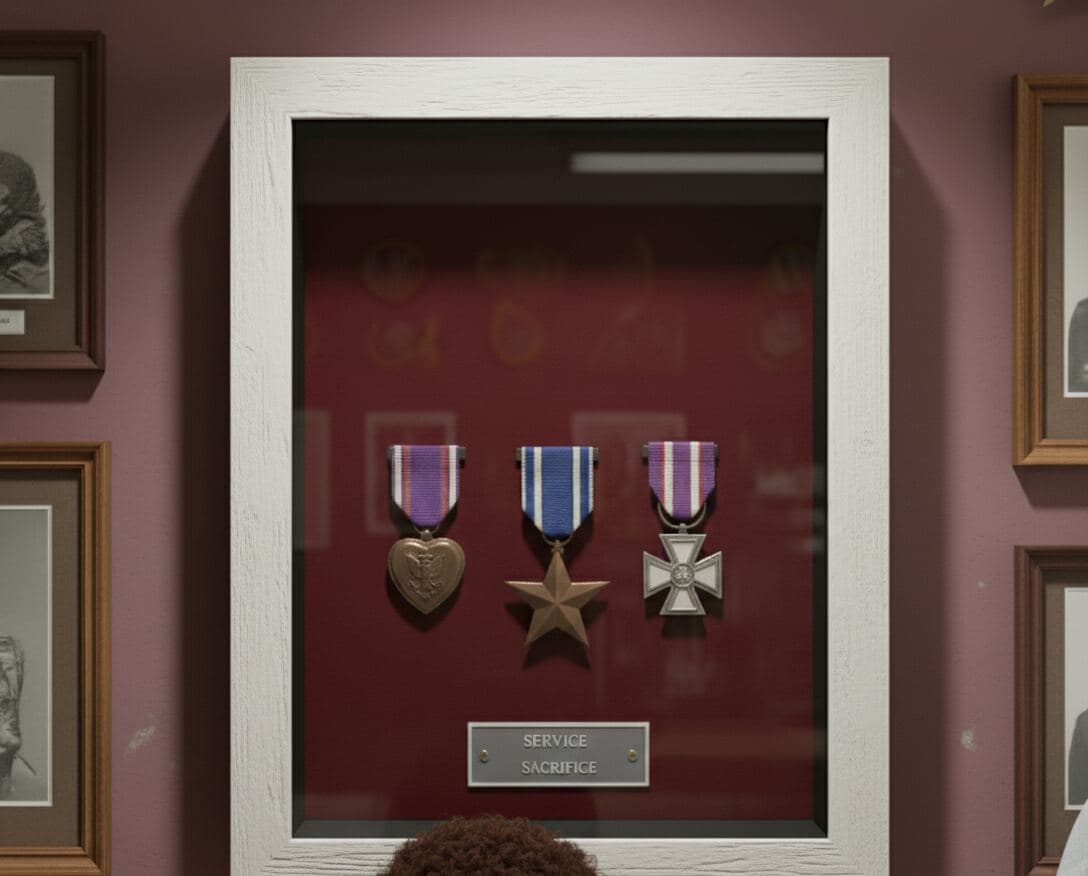 White wood shadowbox frame displaying dimensional collection demonstrating traditional keepsake framing for 3D memorabilia using whitewash coastal finish