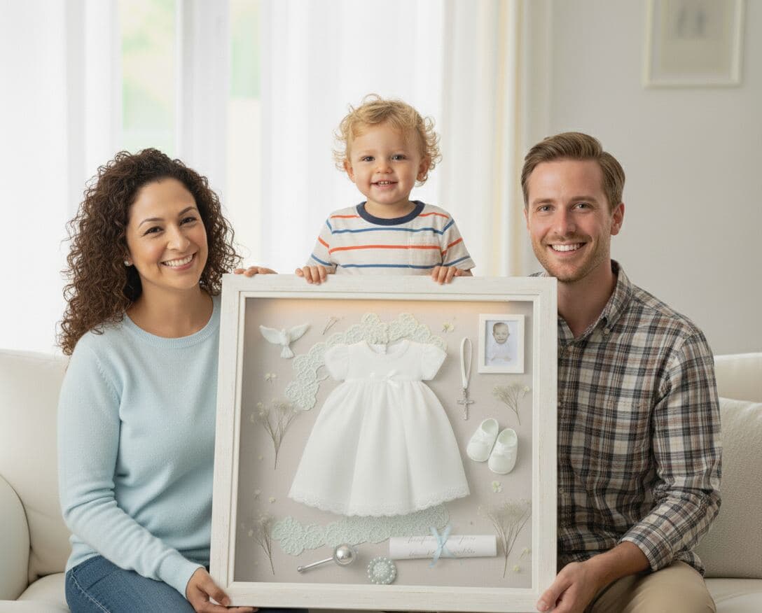 Coastal whitewash shadowbox frame displaying collectible memorabilia demonstrating traditional shadow box framing for dimensional object preservation using shabby chic white finish