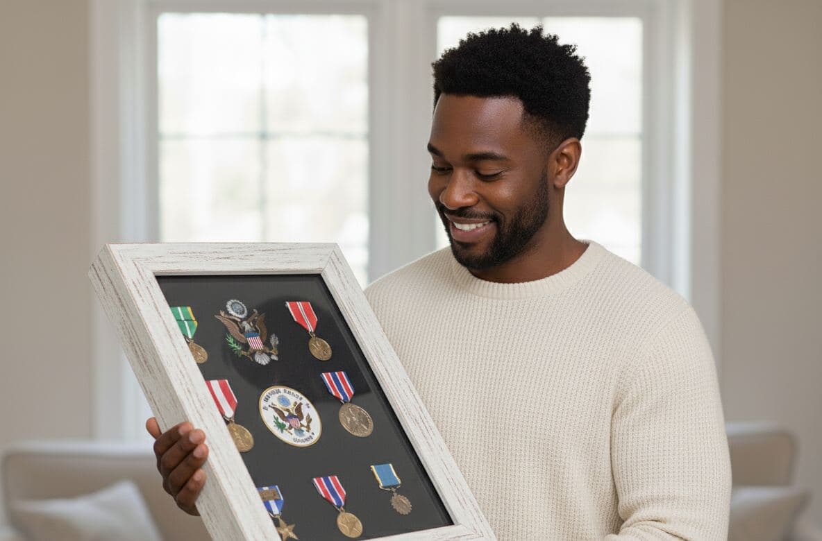 Whitewash shadowbox frame displaying treasured memorabilia collection demonstrating traditional shadowbox framing for heritage preservation using coastal white wood styling