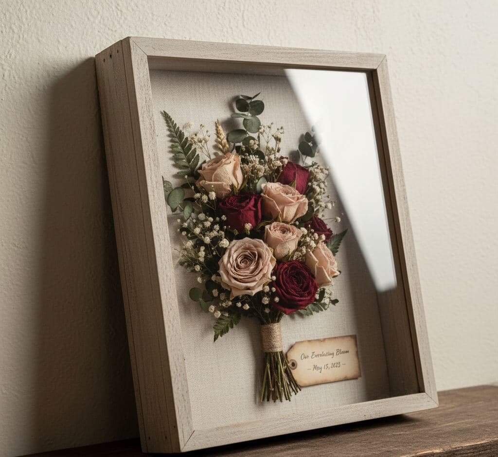 Whitewash shadowbox frame displaying treasured keepsake collection demonstrating traditional memorabilia framing for dimensional heritage displays using coastal white wood styling
