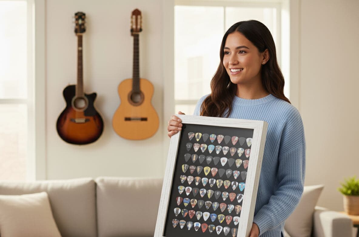 Coastal whitewash shadowbox picture frame with dark matting displaying guitar pick collection in organized grid layout featuring concert memorabilia band picks and music keepsakes demonstrating professional music memorabilia shadowbox framing for rock music collectors and vintage concert pick displays using shabby chic white finish