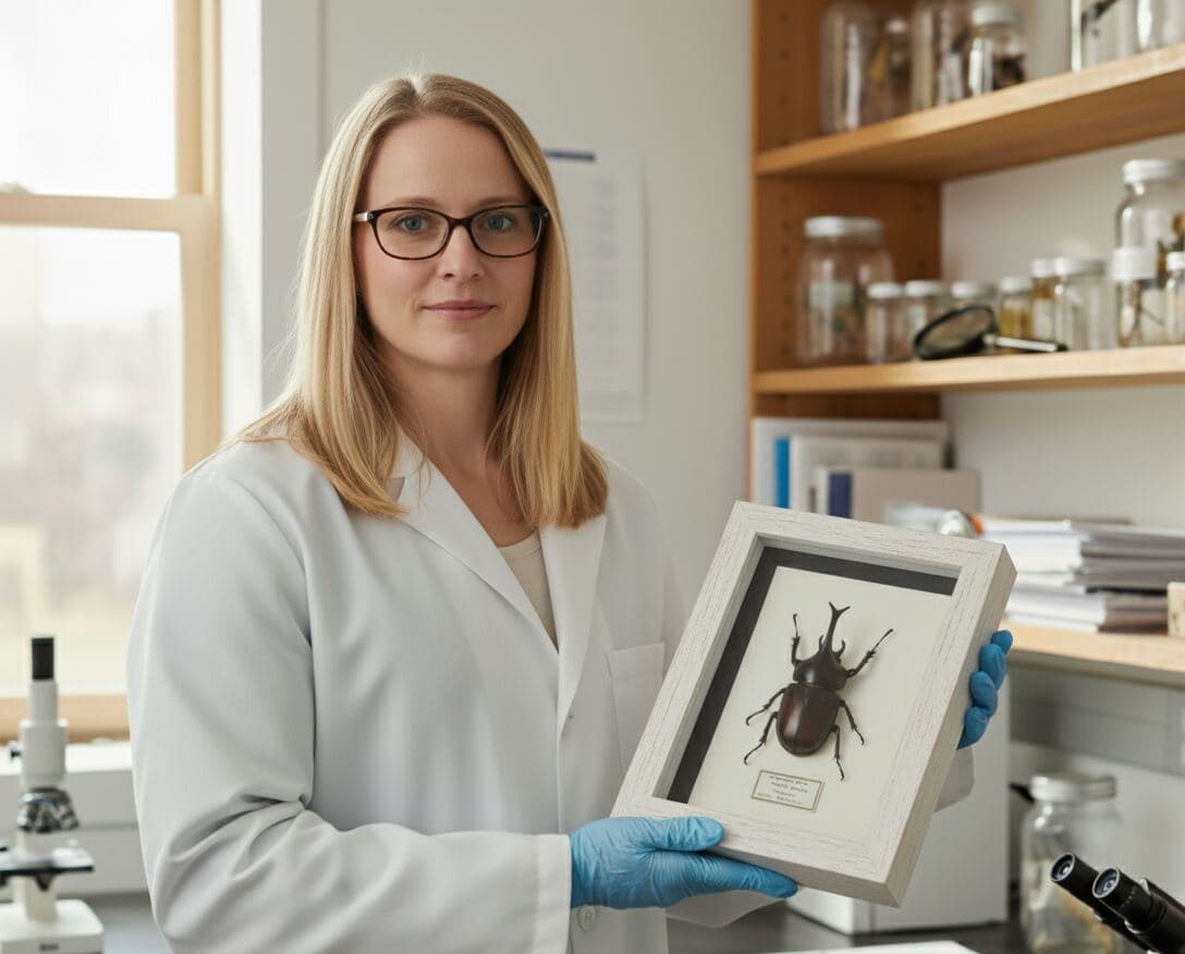 Coastal whitewash entomology shadowbox picture frame with dark matting displaying mounted beetle specimen with scientific label in laboratory setting demonstrating professional insect specimen framing for natural history collections scientific displays and entomology preservation using museum-quality white wood finish