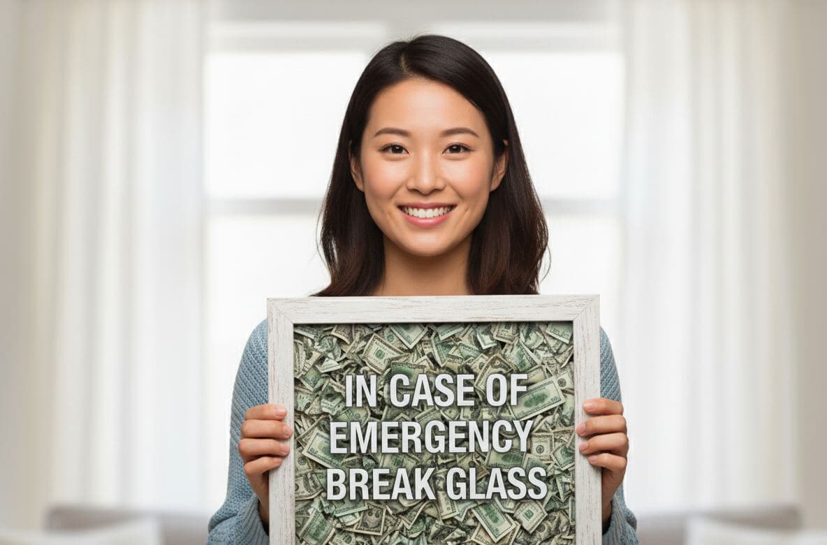 Coastal whitewash novelty shadowbox picture frame displaying emergency money display with crumpled dollar bills and humorous In Case of Emergency Break Glass text demonstrating creative gift framing for funny money shadow box displays gag gifts and novelty wall art using shabby chic white finish