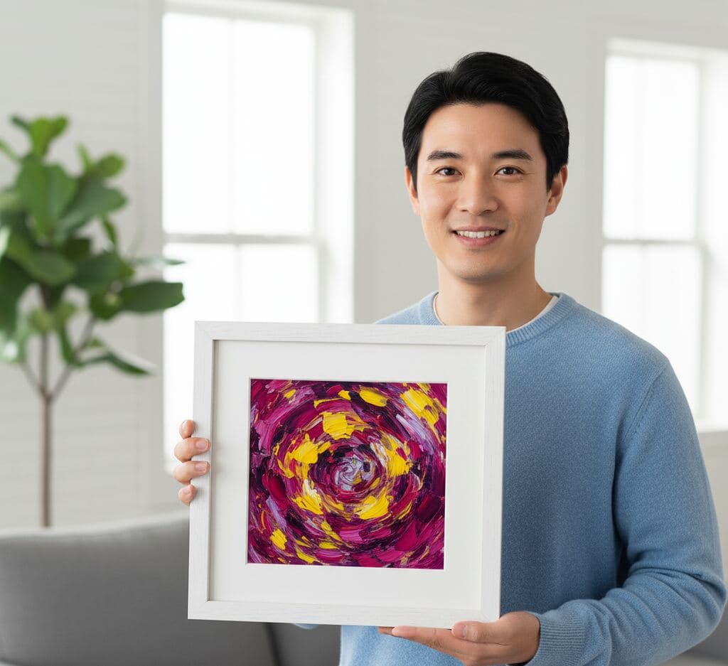 Man in light blue sweater holds white picture frame displaying colorful abstract swirl painting in yellow, pink, and purple tones