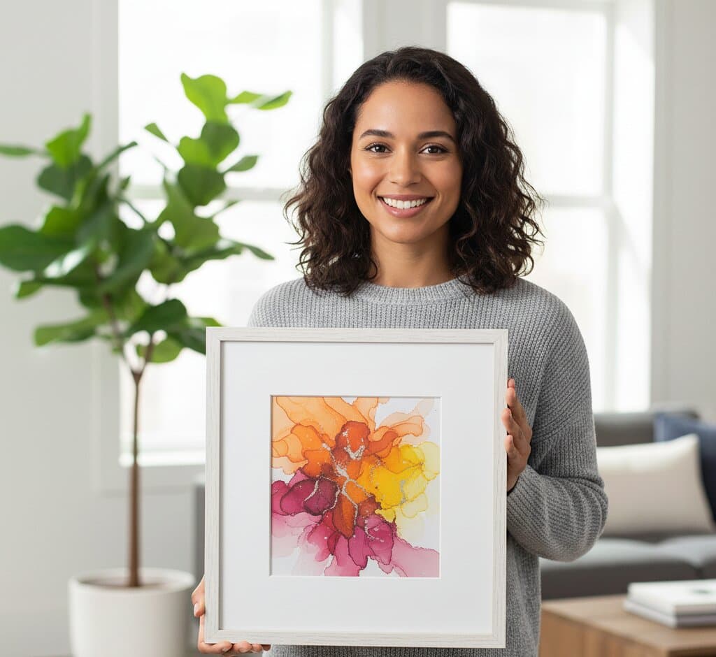 Hand holding white wash picture frame displaying colorful watercolor splash artwork in bright natural light with soft wall shadows