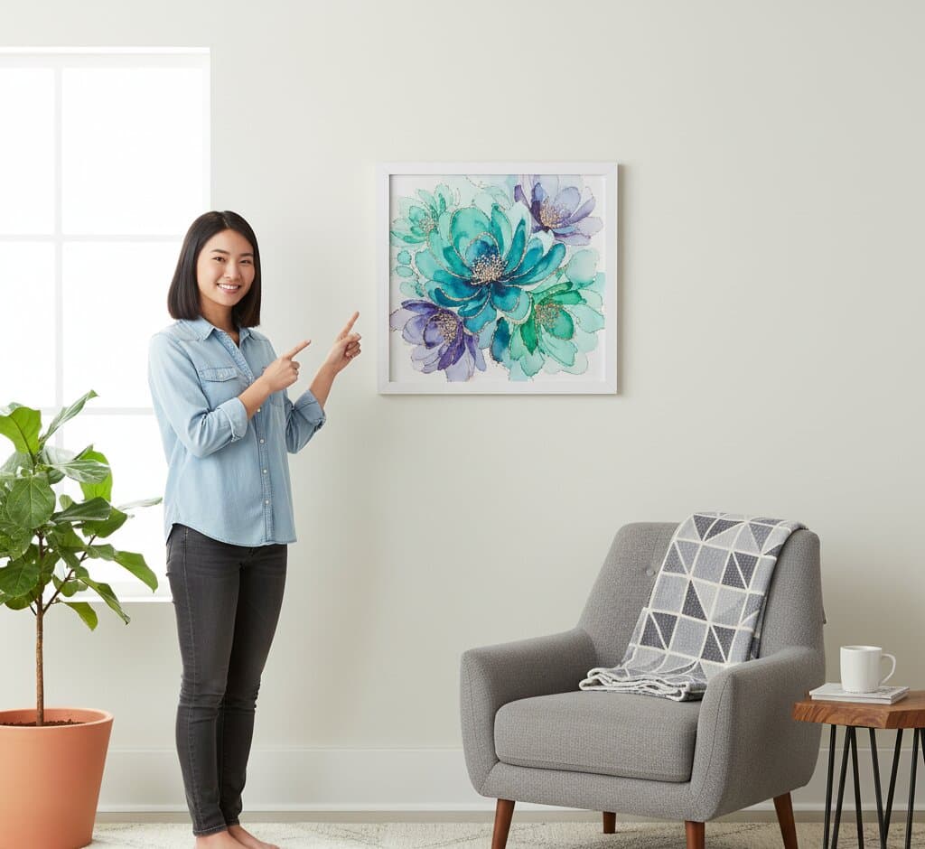Woman with curly hair holds square white wash picture frame featuring warm orange pink and yellow abstract watercolor artwork in modern living room