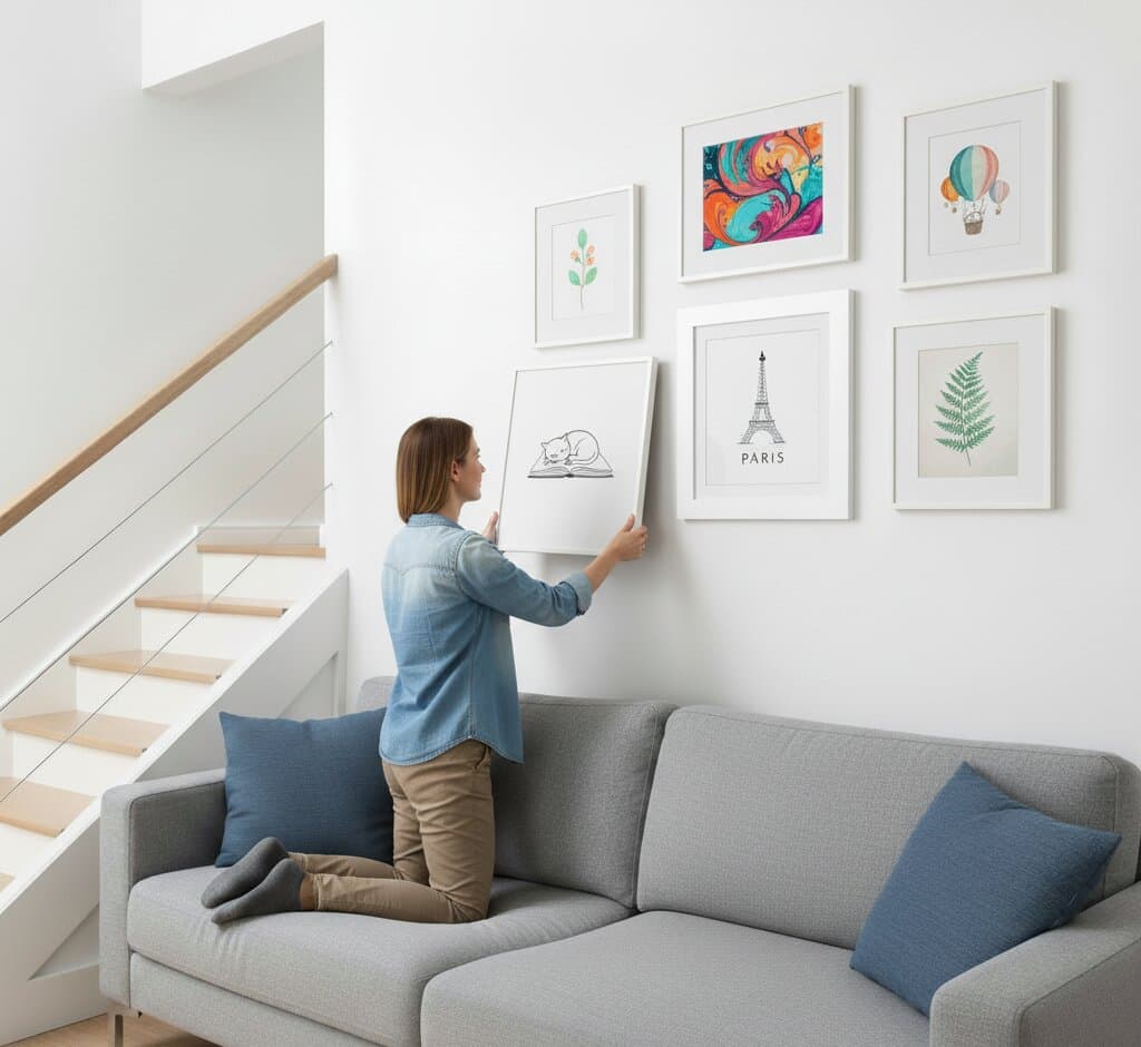 Woman in gray t-shirt places large blue and green watercolor abstract print into white wash wood frame on wrapped tabletop