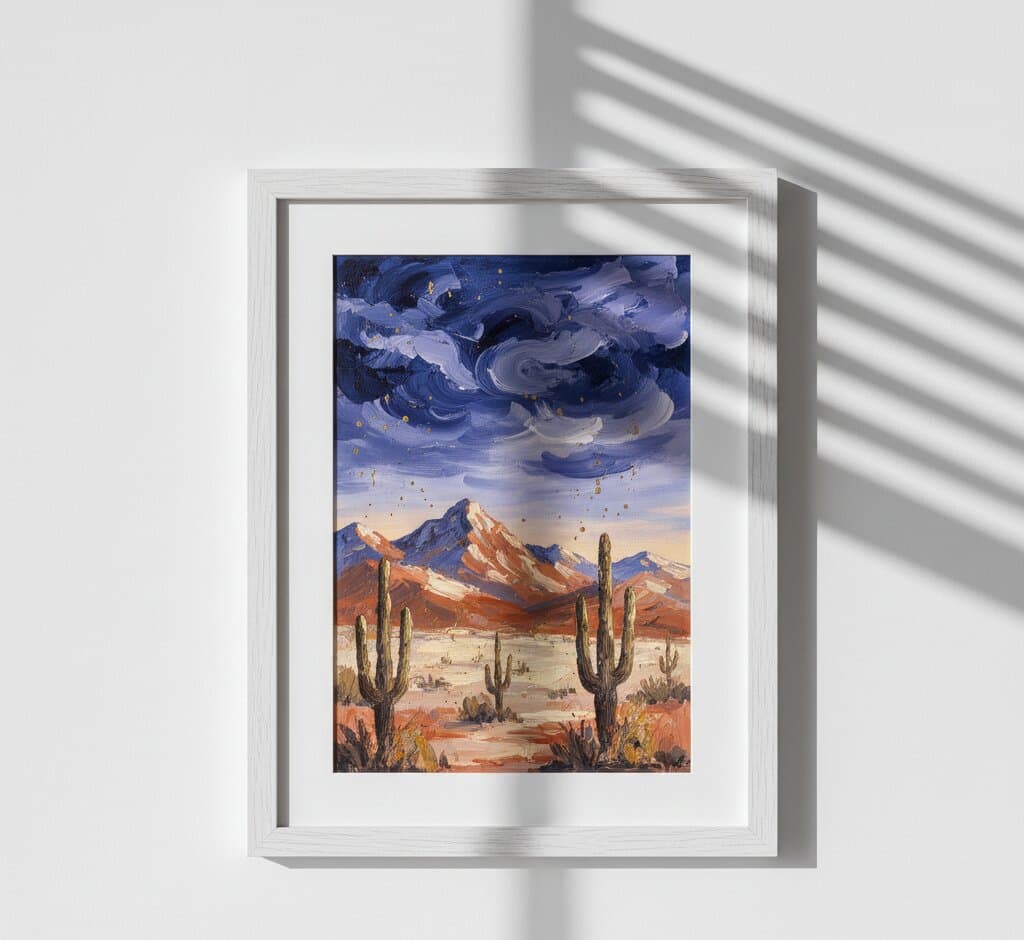 Woman on step stool arranges serene blue mountain landscape print within modern gallery wall of white wash picture frames above mid-century cabinet