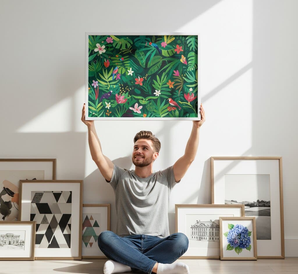 Smiling woman in cream sweater holds white wash frame displaying vibrant koi fish watercolor painting with blue water and lily pads