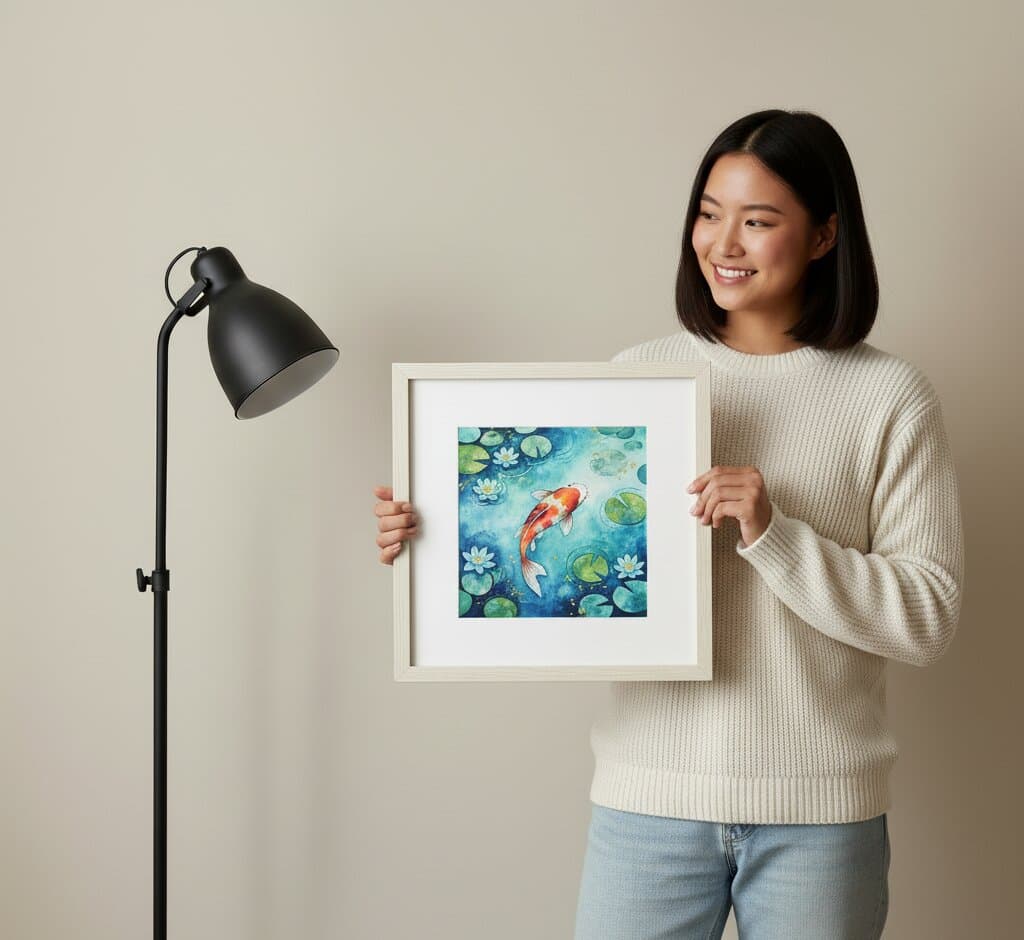 Man on stool adjusts framed art prints in white wash gallery wall featuring watercolor splashes botanical sketches and soft abstract paintings