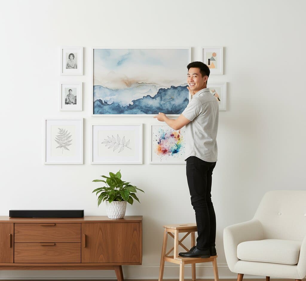 Close-up of white wash wood frame displaying desert mountain landscape painting in warm orange and blue tones under striped natural light