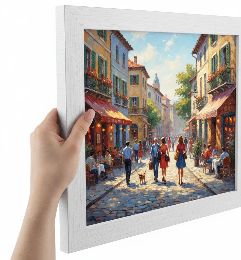 Close-up of hands holding white picture frame featuring street scene painting of people walking through lively European café district