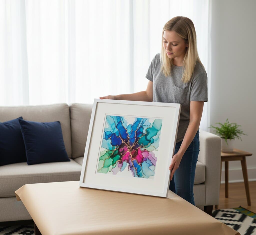 Woman kneeling on gray sofa arranges playful gallery wall of white wash picture frames featuring botanical prints Paris sketches and colorful abstract art
