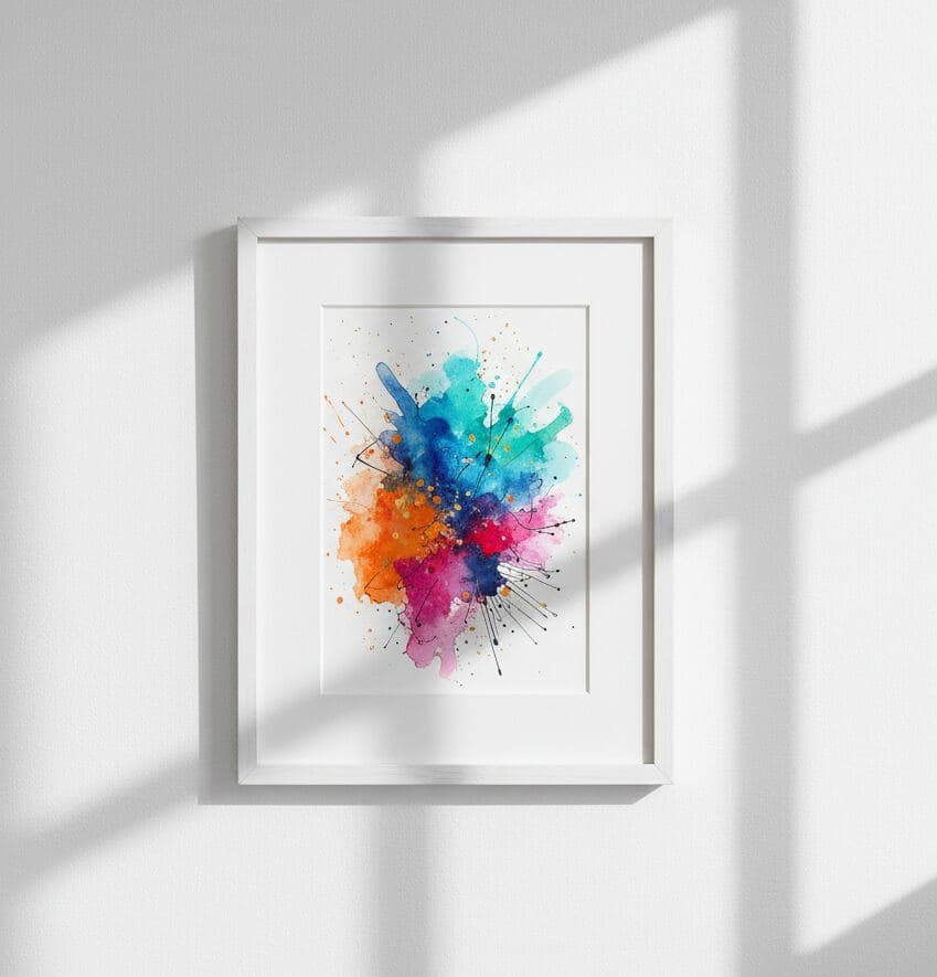 White picture frame with white mat displays vibrant watercolor artwork in blue, orange, and pink hues on bright wall with natural sunlight