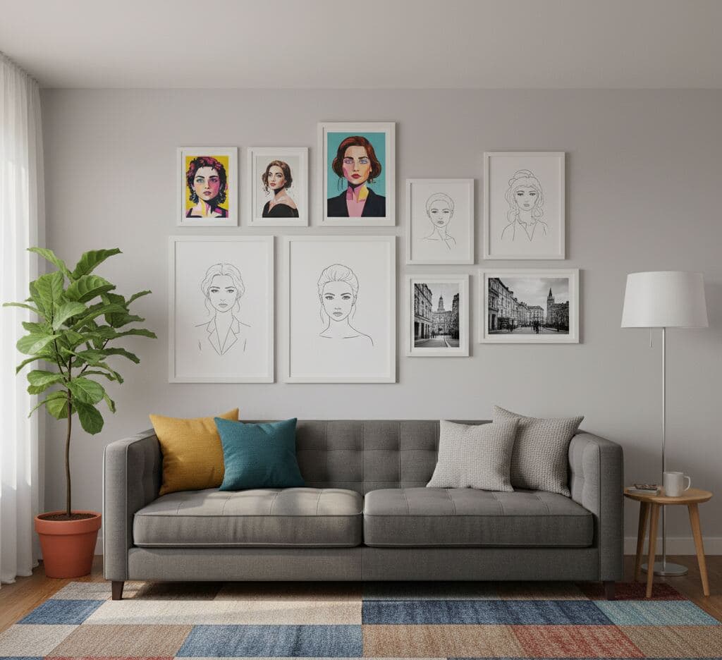 Modern living room with gray sofa and patterned rug features gallery wall of white picture frames displaying portrait illustrations and architectural photos