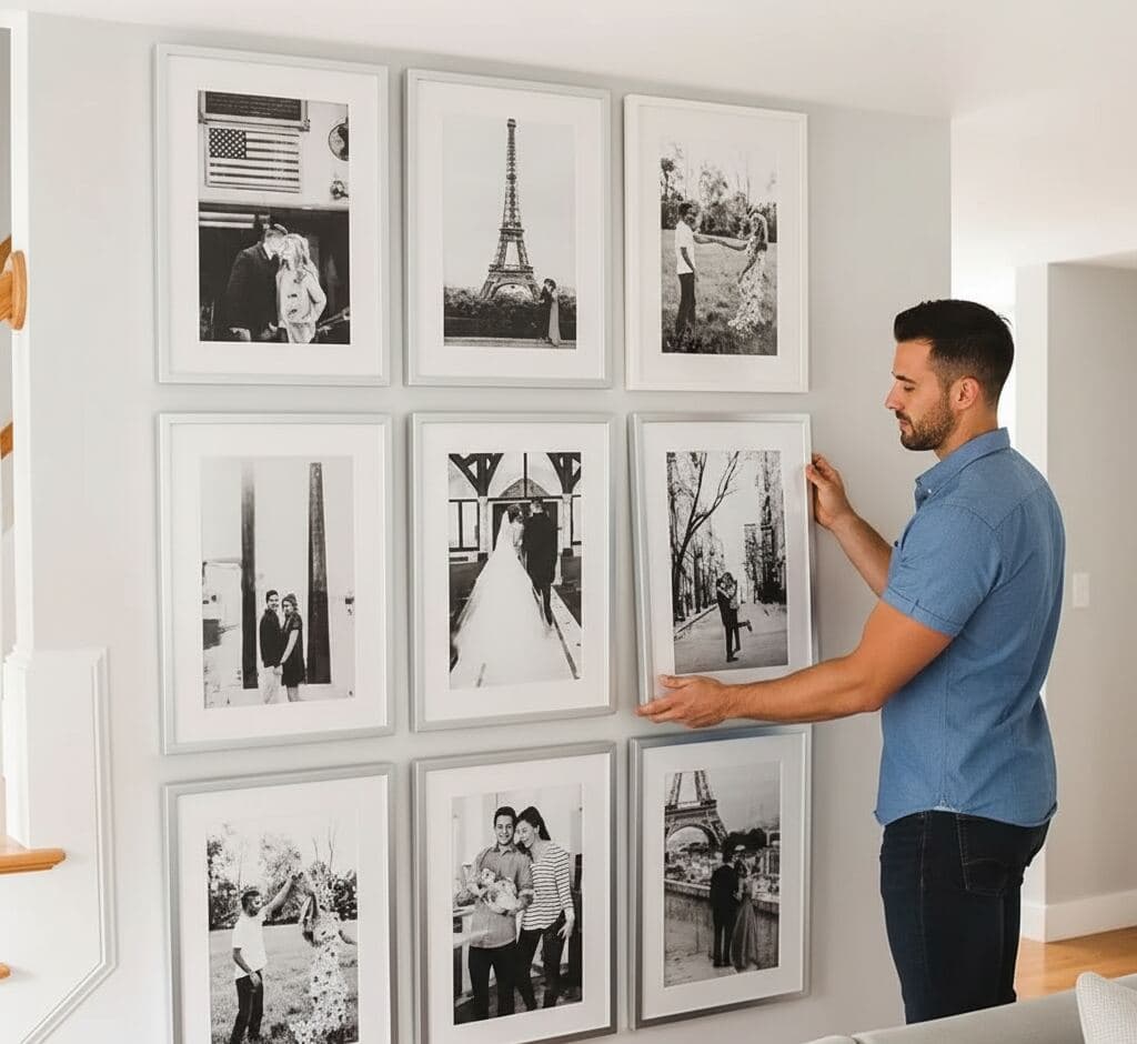 Man in blue shirt arranges wall gallery of white picture frames containing black-and-white photographs including wedding and travel images