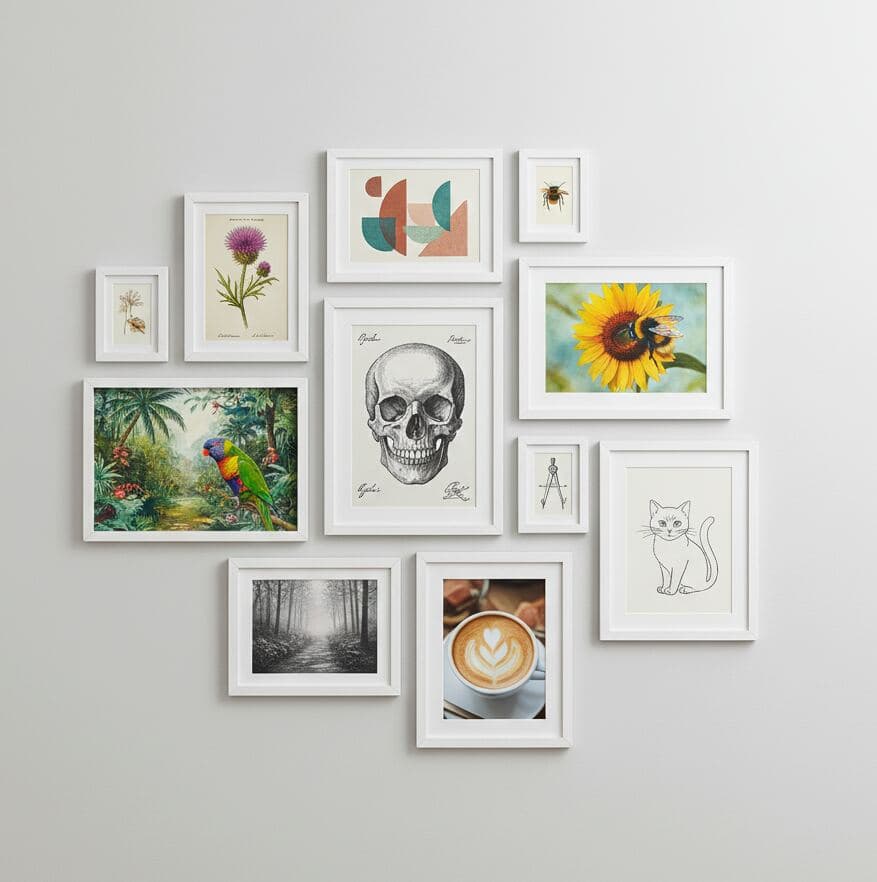 Gallery wall of white picture frames displays assorted artwork including botanical illustrations, geometric designs, skull sketch, and parrot painting