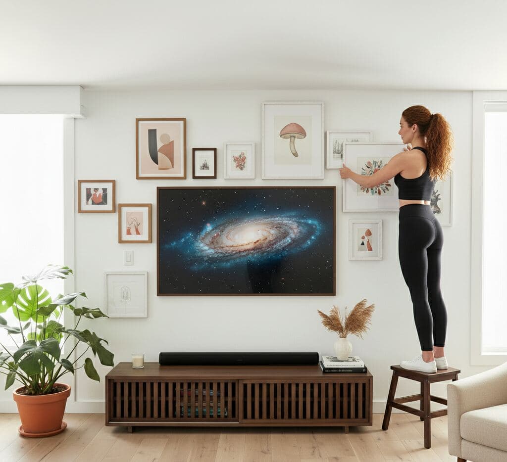 Woman in athletic wear stands on stool adjusting white picture frames around large galaxy photograph above wood media console