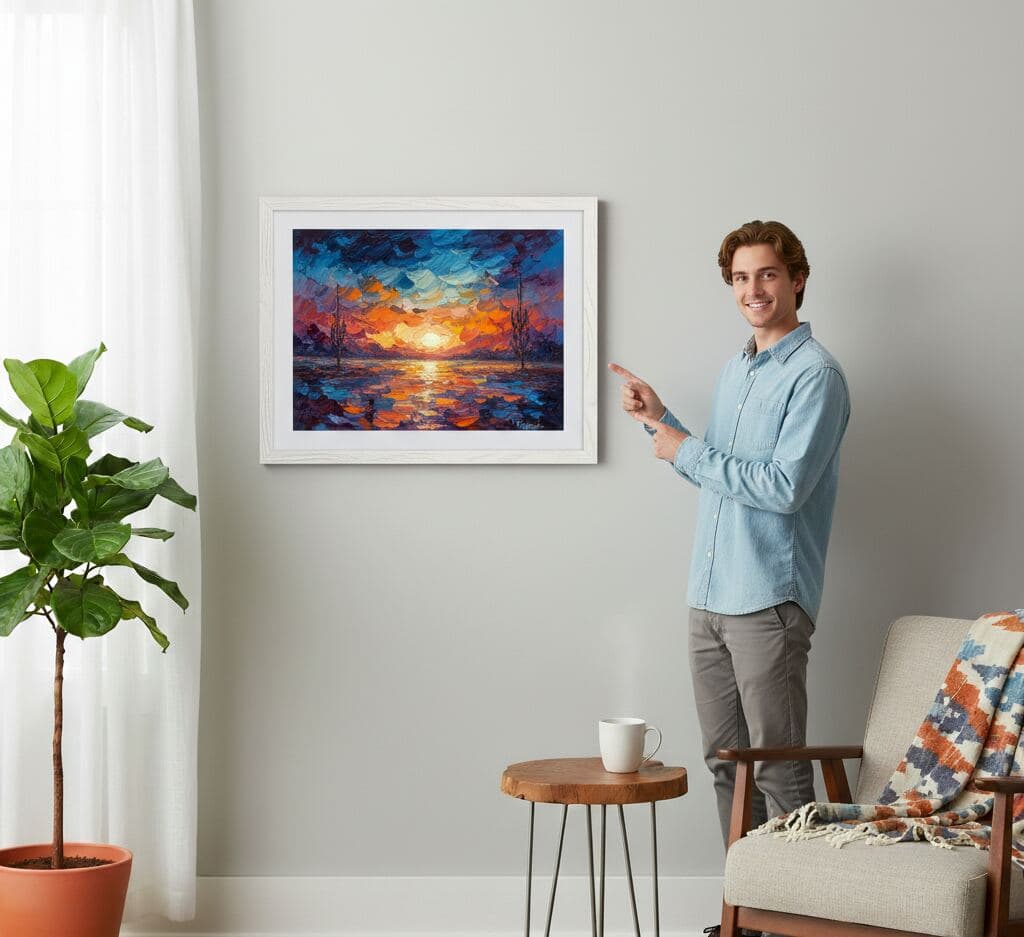 Man in light blue shirt points toward framed sunset painting in warm blue, orange, and purple tones hanging above chair in softly lit room