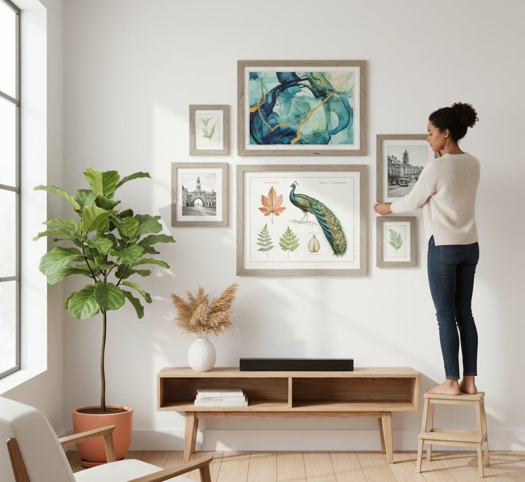 Woman on stool arranging Gray Picture Frame gallery wall with vintage botanical prints abstract watercolor art peacock illustration and architectural photography demonstrating versatile ribbed texture moulding for eclectic natural history themed wall displays