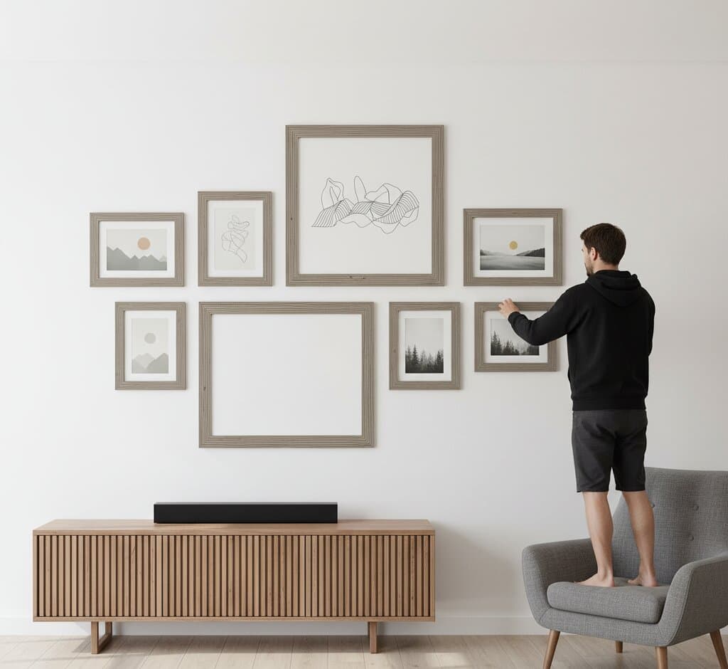 Man arranging minimalist Gray Picture Frame gallery wall in custom sizes featuring modern line art abstract geometric prints and black white photography above contemporary media console demonstrating sophisticated gray finish for Scandinavian and modern interior styling