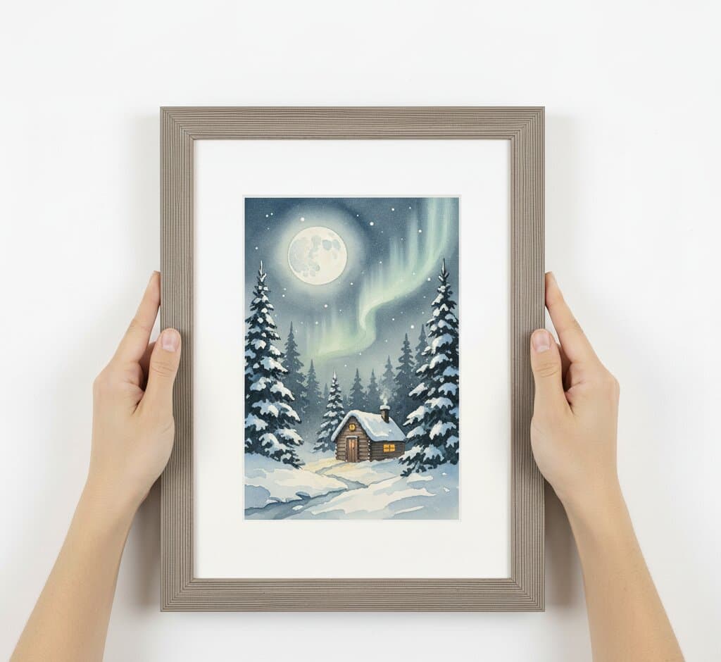 Hands holding Gray Picture Frame displaying winter cabin northern lights watercolor with snow-covered forest full moon and aurora borealis with white matting showcasing industrial texture moulding for seasonal and nature illustration framing
