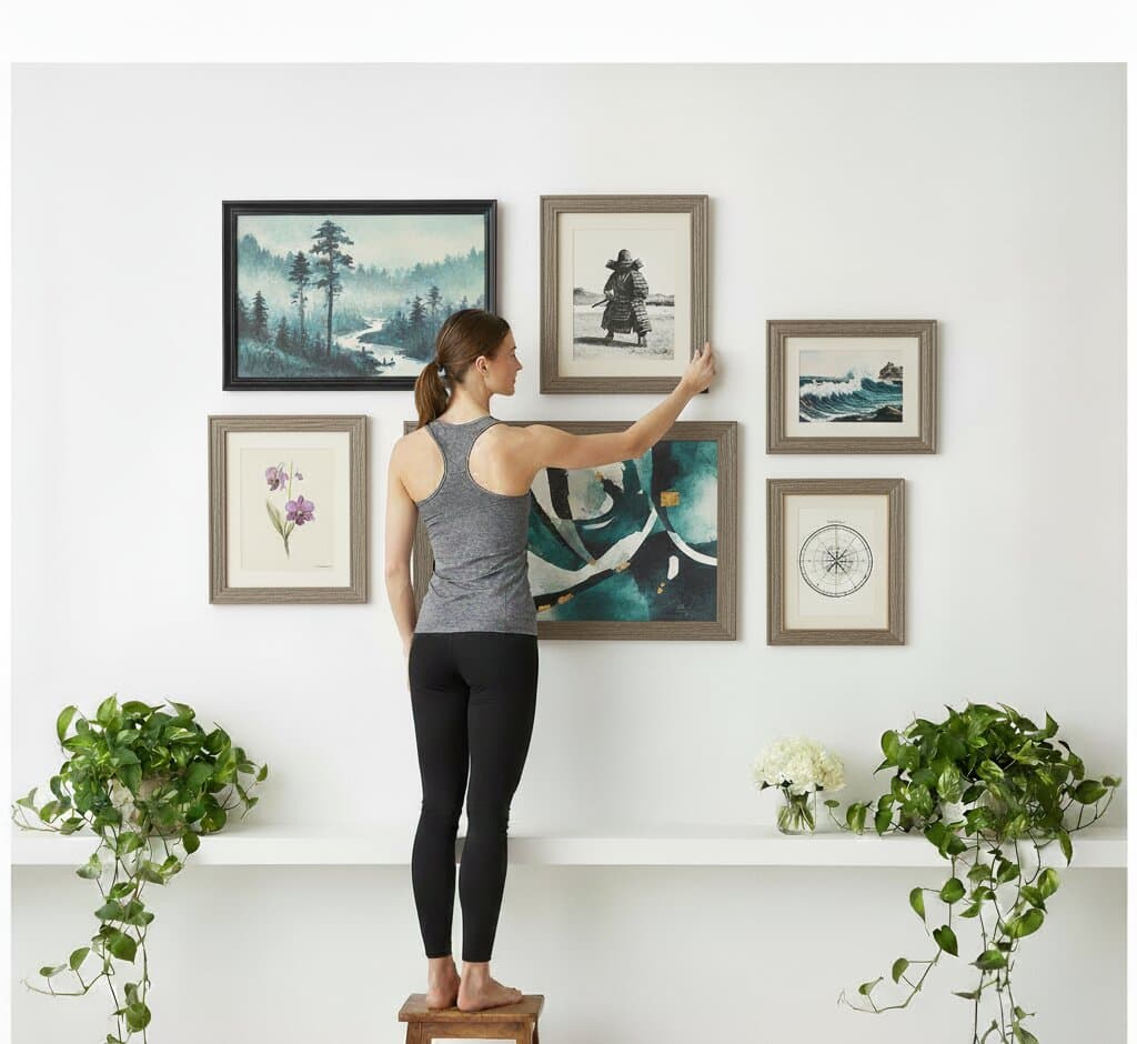 Woman on wooden stool arranging eclectic Gray Picture Frame gallery wall featuring vintage black and white photography botanical iris prints abstract maritime art and nautical compass illustrations demonstrating versatile neutral gray finish for mixed media wall displays