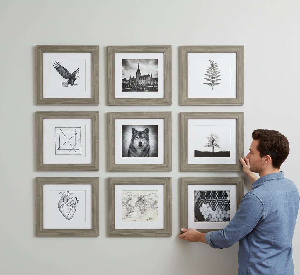 Gray Picture frame in professional 3x3 grid gallery wall featuring monochrome photography black and white art and geometric prints with white matting demonstrating versatile neutral gray finish for coordinated wall displays