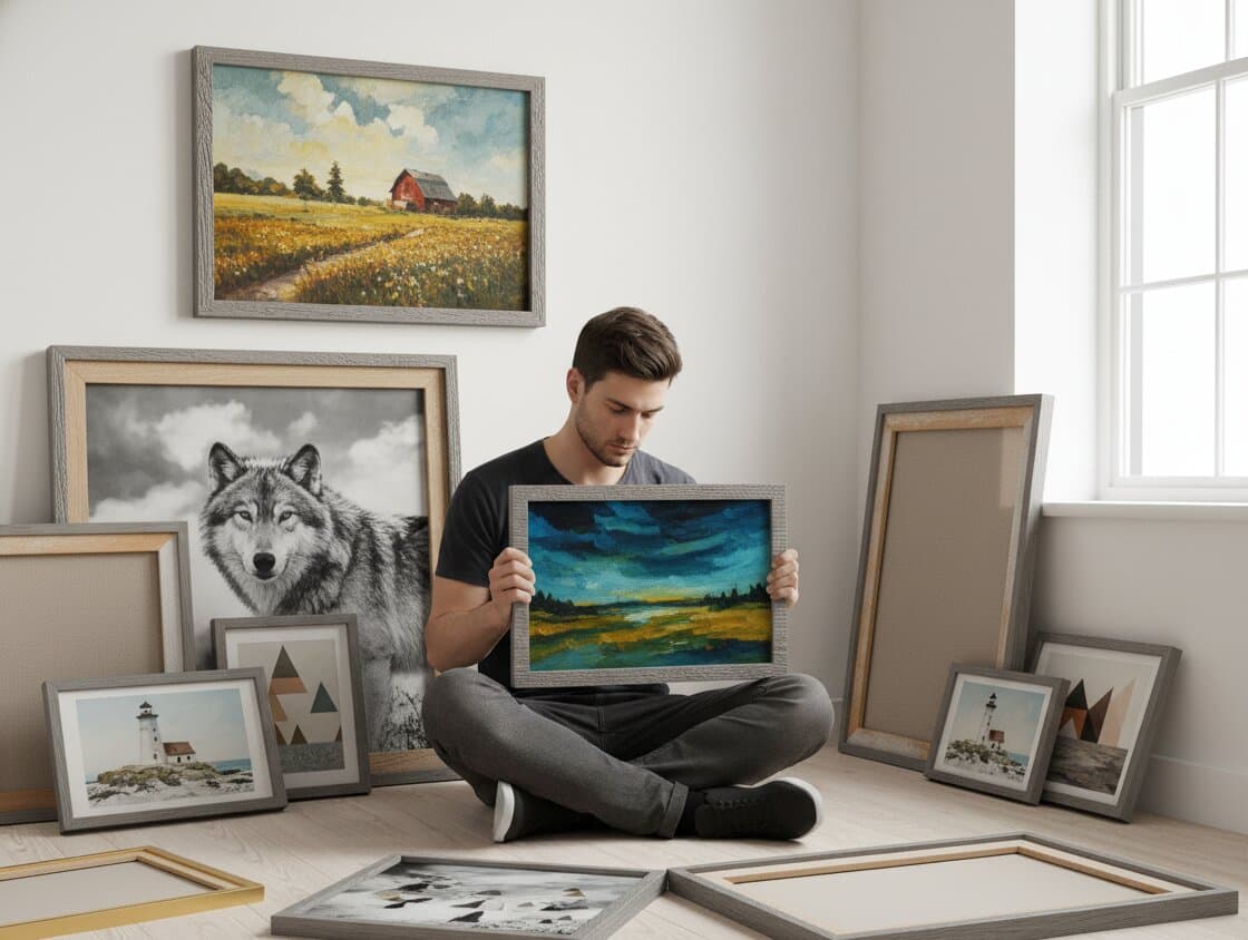 Artist sitting on floor surrounded by Gray Picture Frame in custom sizes displaying landscape paintings wildlife photography and geometric art showcasing ribbed texture moulding for eclectic art collection framing