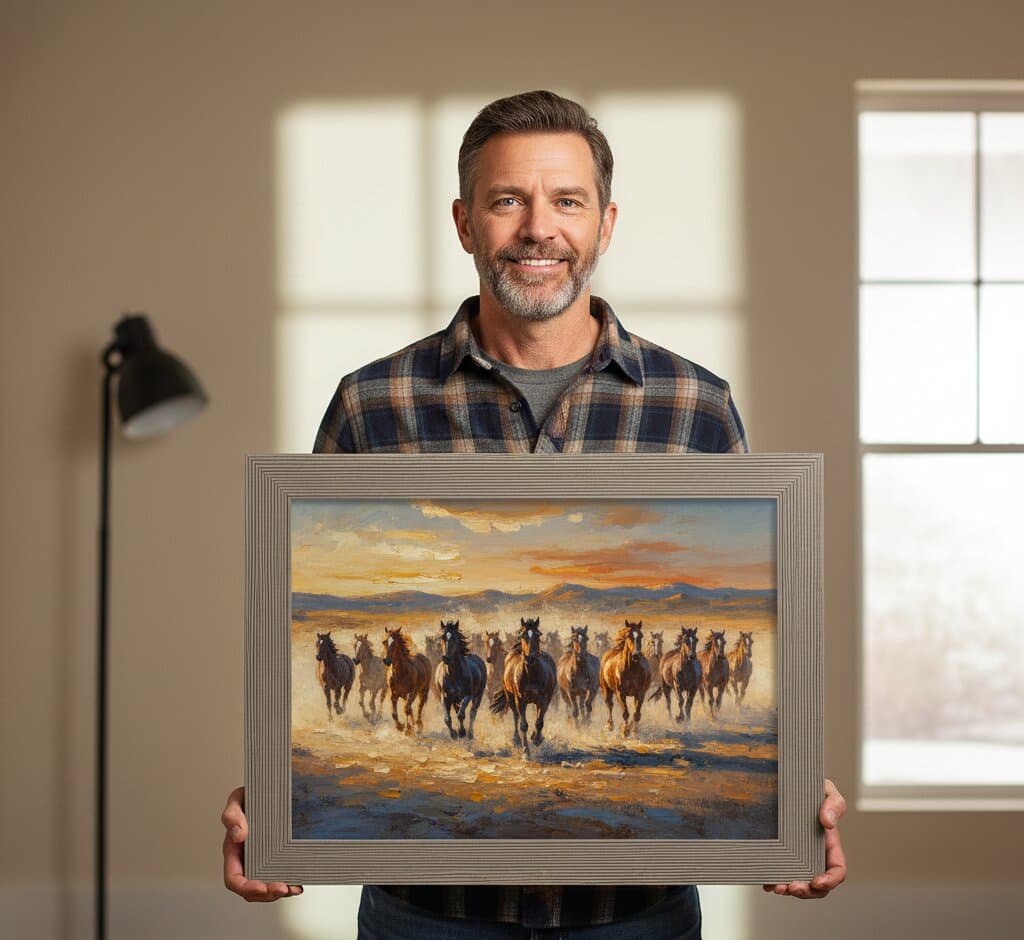 Man holding large Gray Picture Frame with western horses oil painting in warm interior demonstrating substantial 1.5 inch textured moulding profile excellent for landscape and wildlife artwork framing