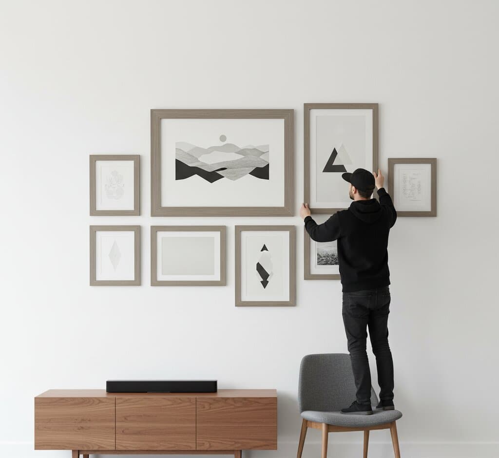 Man arranging minimalist gallery wall with Gray Picture Frame featuring geometric abstract art and black white photography demonstrating modern rustic styling for contemporary interior design