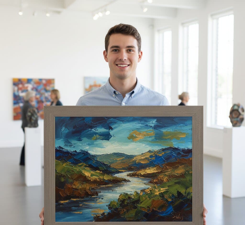 Professional displaying large Gray Picture Frame with dramatic landscape oil painting in bright modern art gallery showcasing industrial texture finish ideal for museum-quality fine art presentation