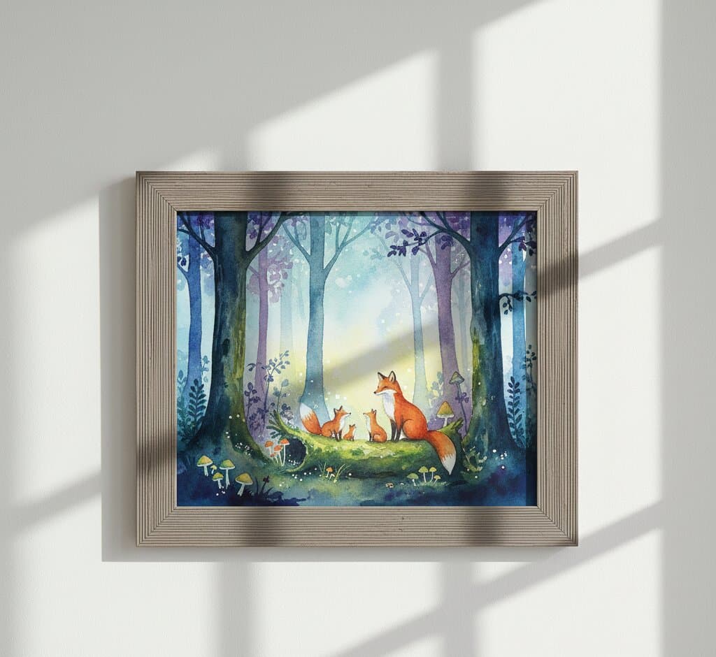 Gray Picture Frame displaying whimsical fox family watercolor illustration with natural window light creating dramatic shadows on wall demonstrating neutral gray finish for children's art and nature illustration framing