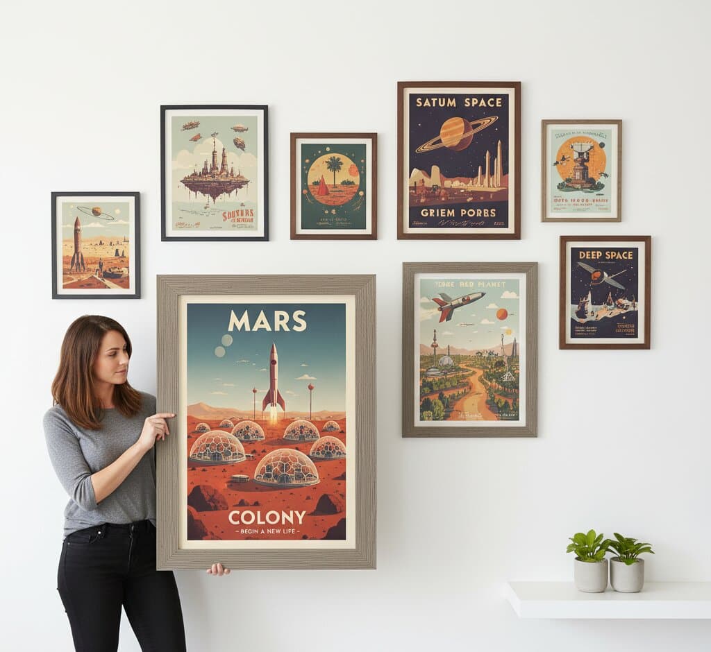 Woman holding oversized Gray Picture Frame with vintage Mars space poster in eclectic gallery wall featuring retro science fiction prints demonstrating versatile textured moulding for themed wall art collections