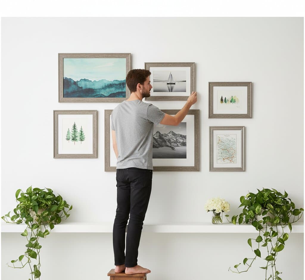 Man on wooden stool arranging Gray Picture Frame gallery wall with nature photography landscape watercolors and sailboat prints demonstrating sophisticated gray finish for coastal and outdoor-themed artwork