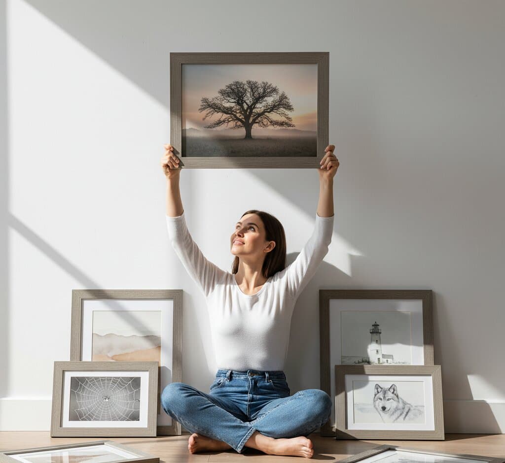 Woman sitting on floor holding Gray Picture Frame with atmospheric tree photography surrounded by various sized frames demonstrating industrial ribbed texture crafted for personal photo framing projects