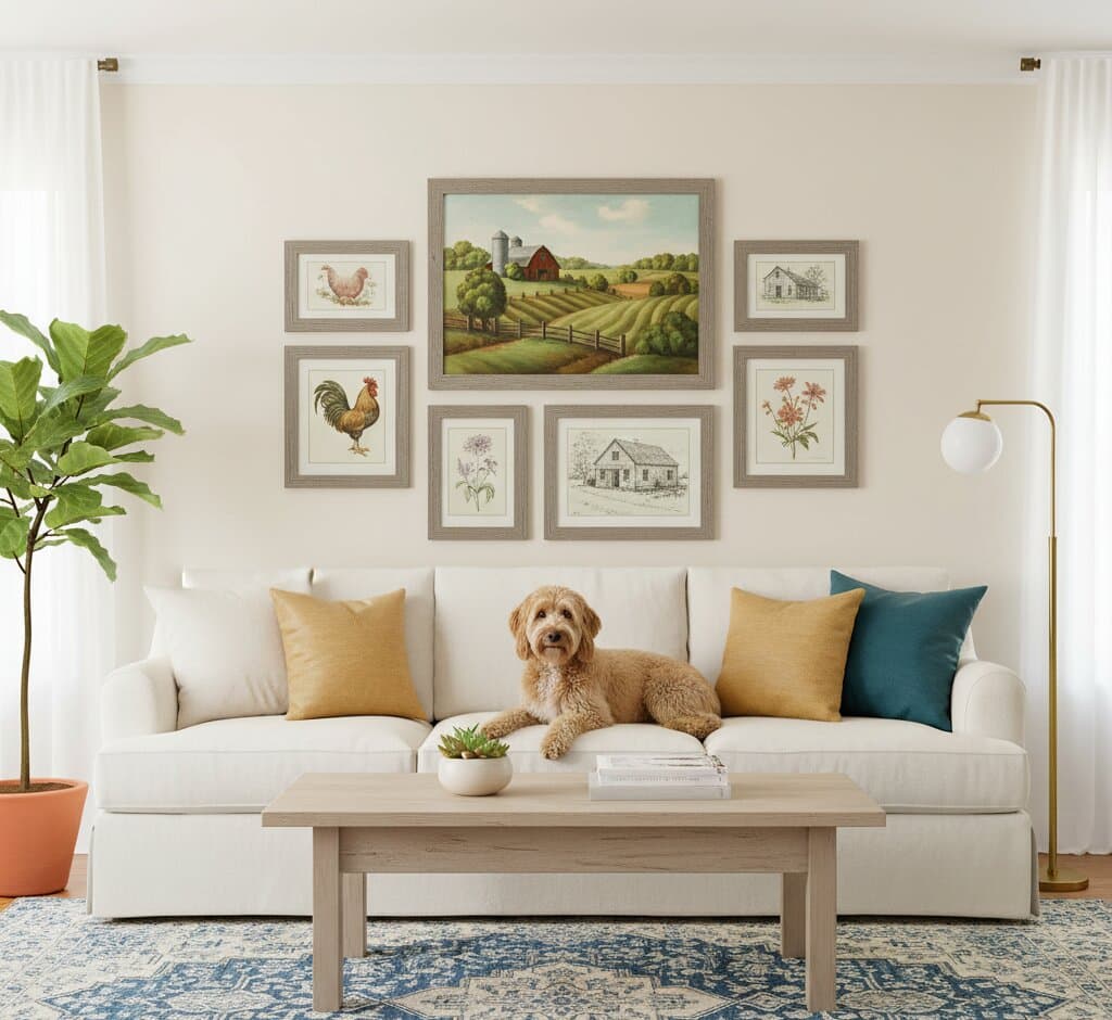 Gray Picture Frame in farmhouse gallery wall arrangement displaying rural landscape painting rooster botanical prints and architectural sketches above cream sofa with dog showcasing warm gray tones for country home décor