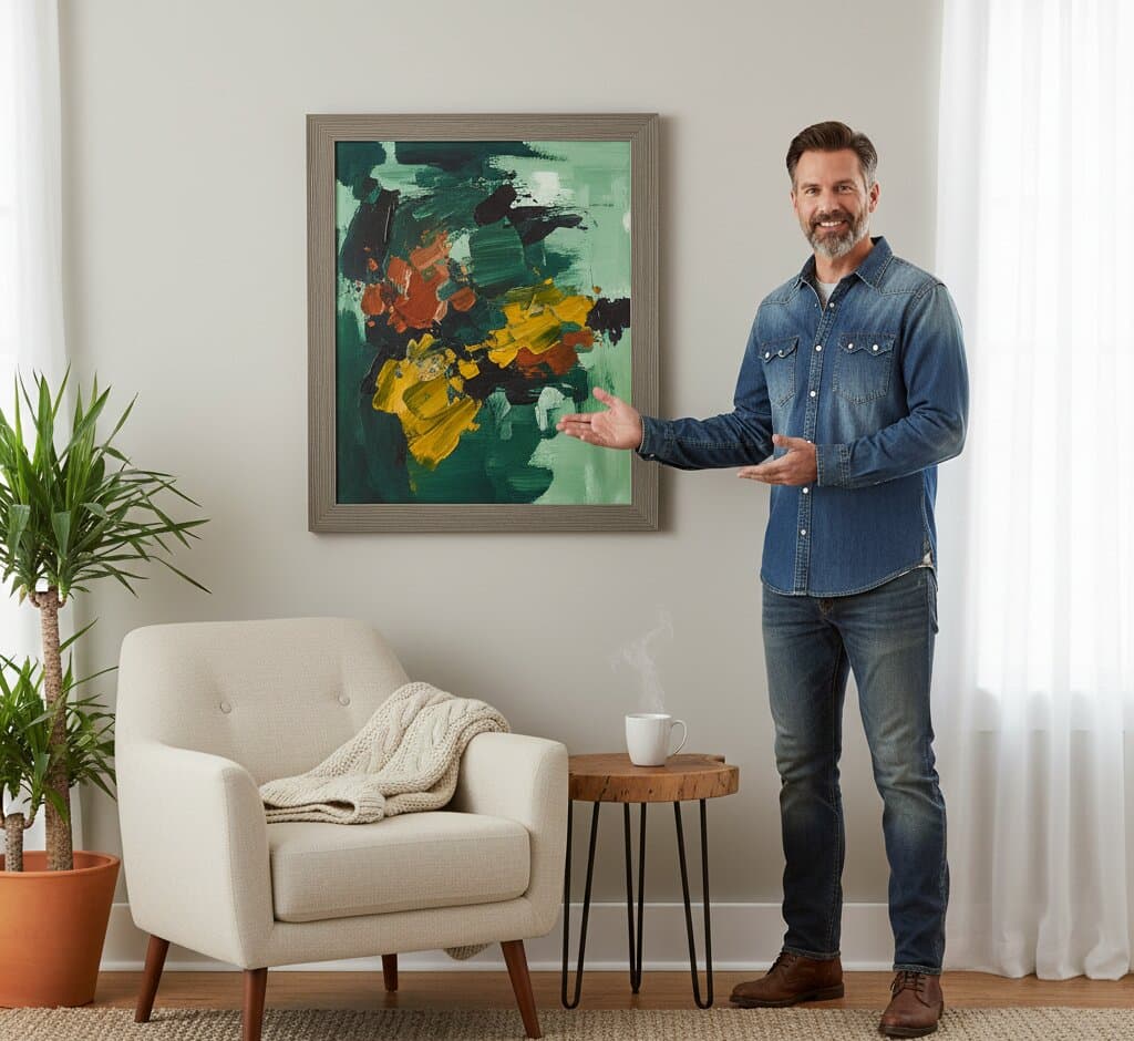Man presenting large Gray Picture Frame with bold abstract expressionist painting in modern living room demonstrating substantial textured moulding width ideal for contemporary art and statement pieces