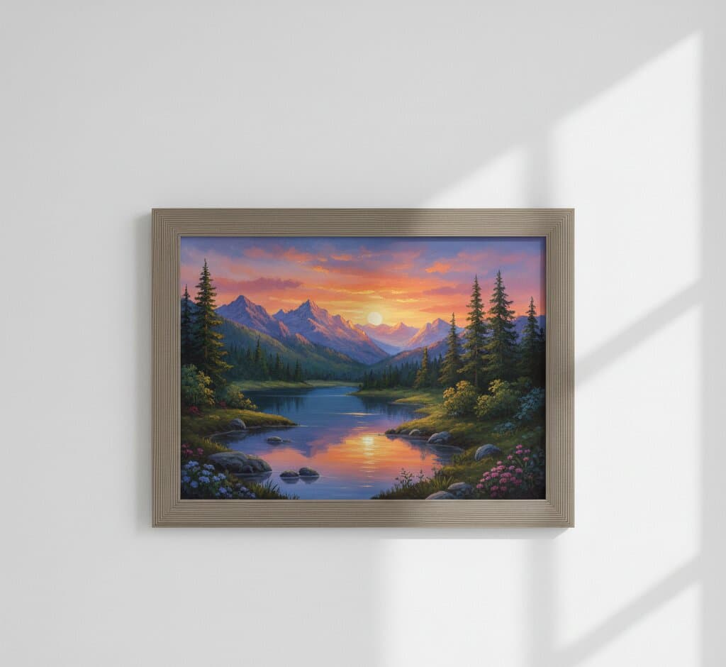 Gray Picture Frame with dramatic mountain sunset landscape painting displayed on white wall with natural light shadows showcasing ribbed gray finish for traditional landscape and scenic photography framing